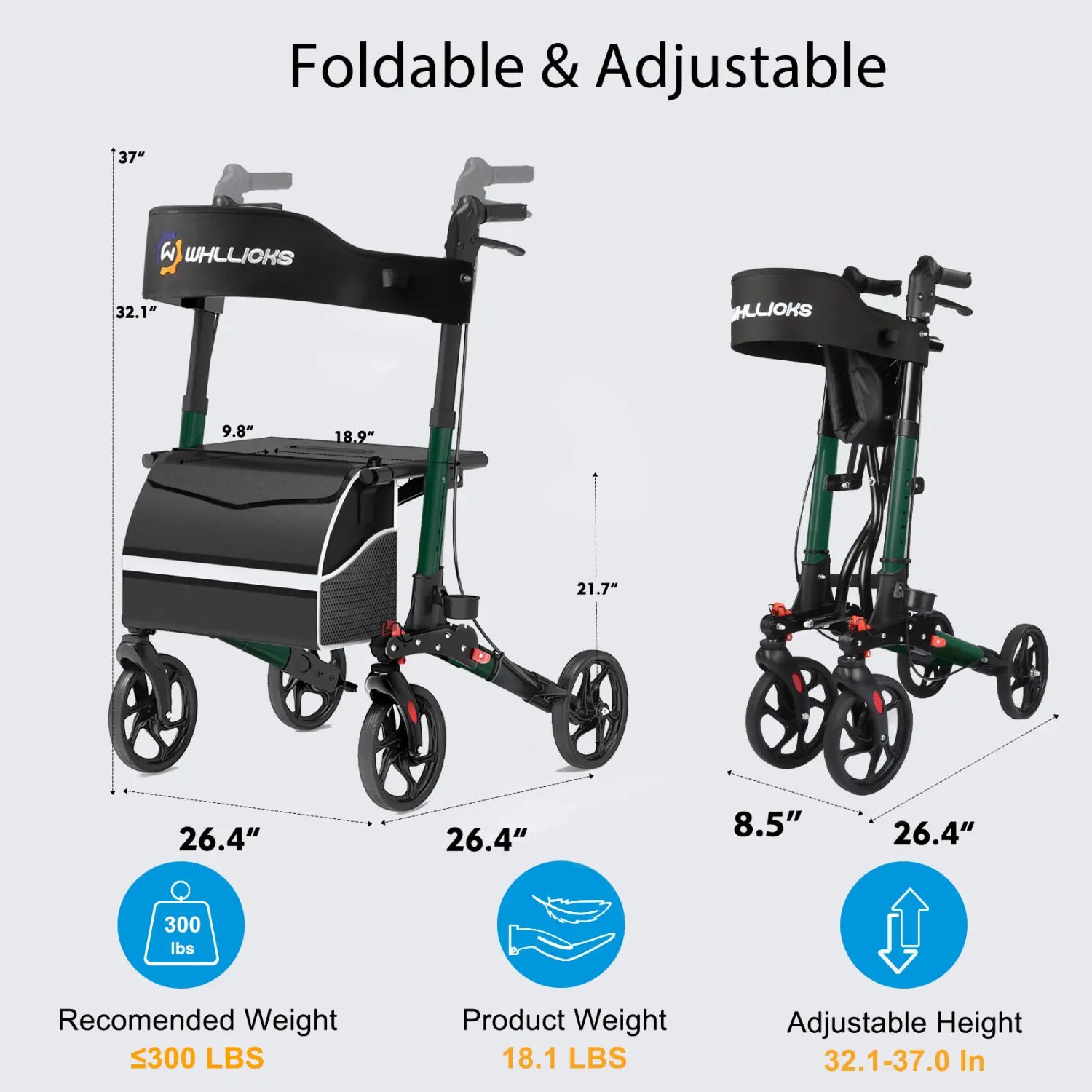3-in-1 Heavy-Duty Foldable Rollator with Adjustable Handle Height, Supports 450 lbs