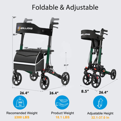 3-in-1 Heavy-Duty Foldable Rollator with Adjustable Handle Height, Supports 450 lbs