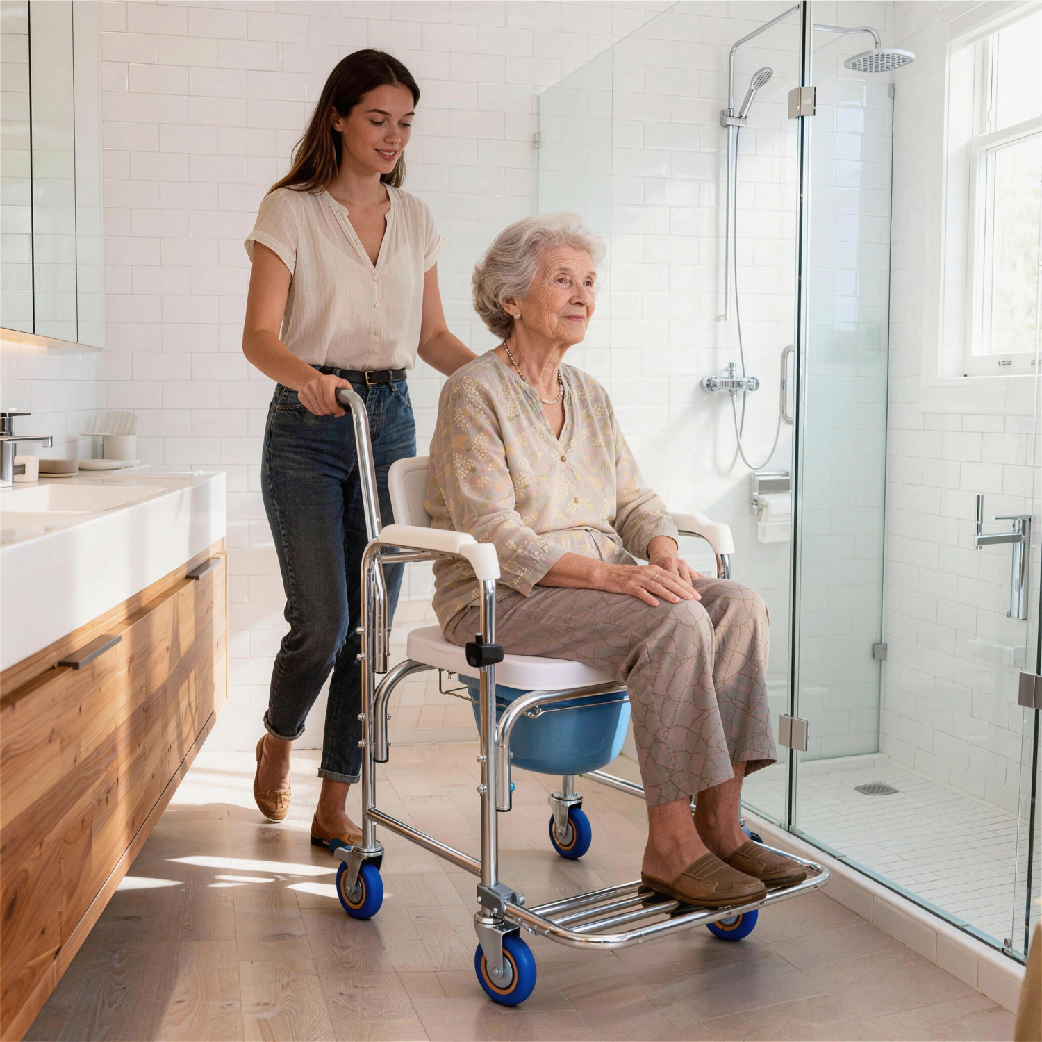 4-in-1 Foldable Rolling Shower Chair with Padded Seat and Wheels – WHLICKS