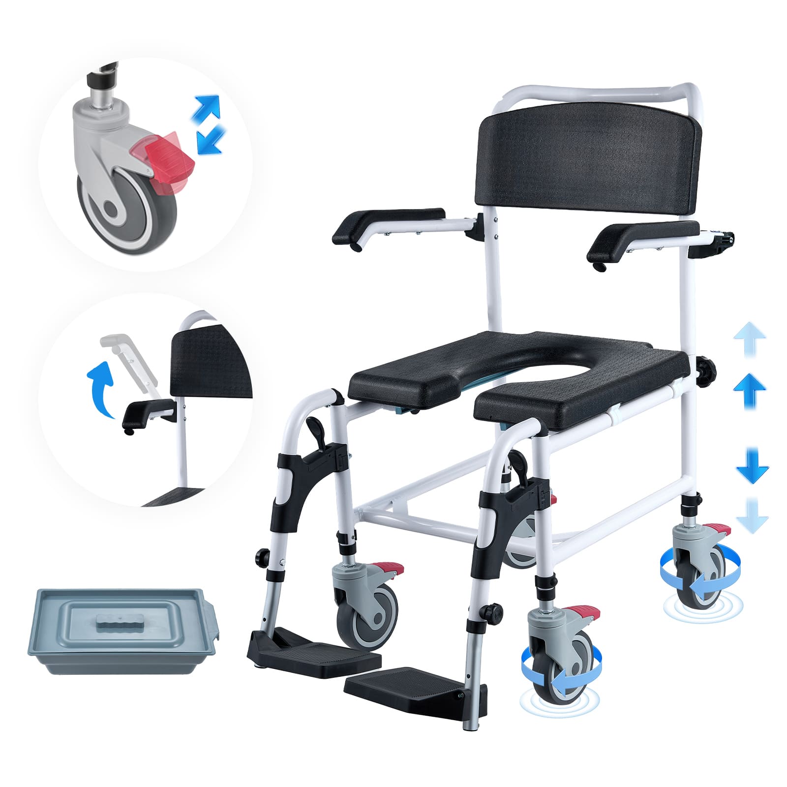 4-in-1 Shower Commode Wheelchair with Wheels & Adjustable Height