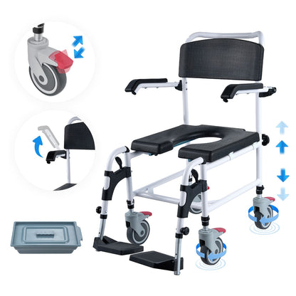 4-in-1 Shower Commode Wheelchair with Wheels & Adjustable Height