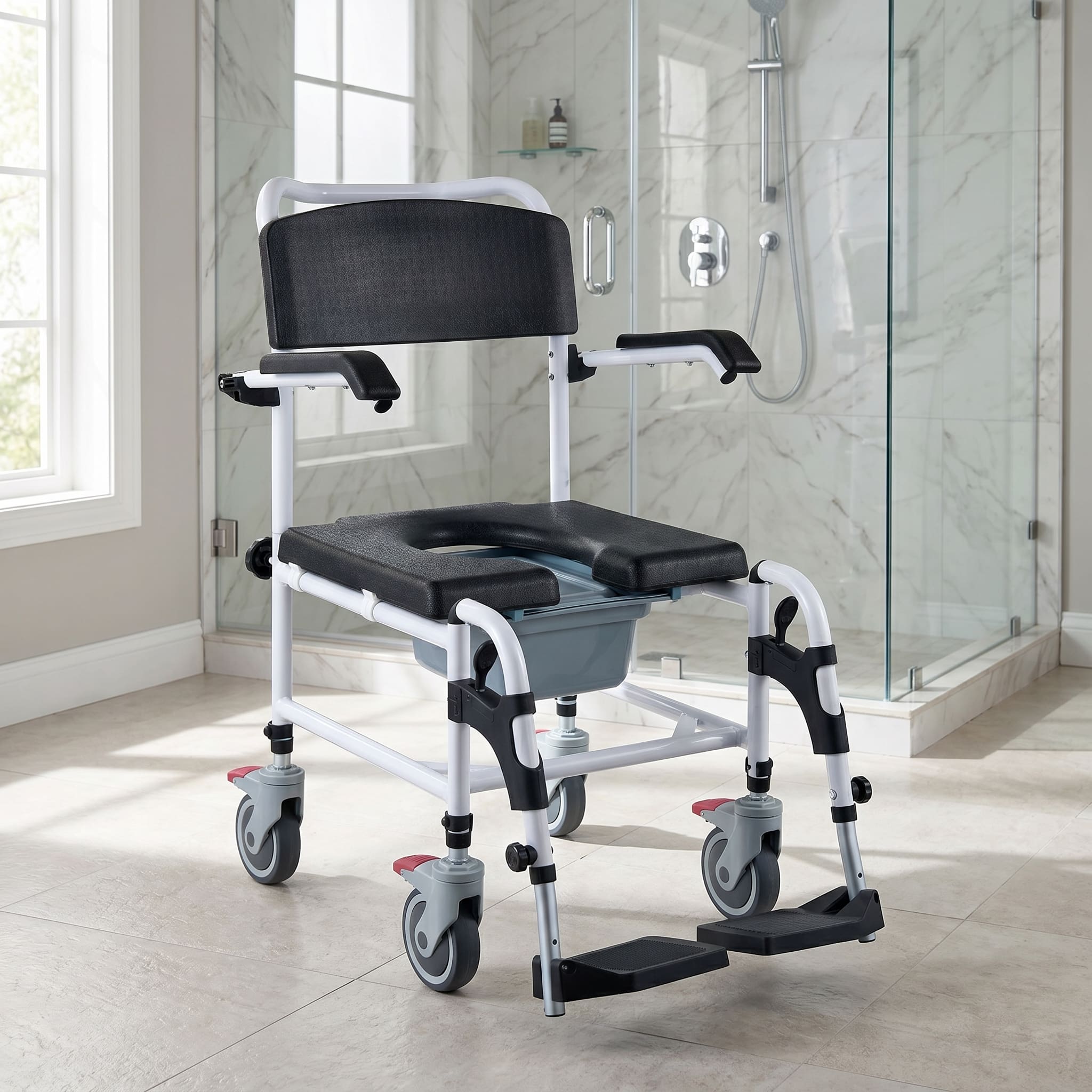 4-in-1 Shower Commode Wheelchair with Wheels & Adjustable Height