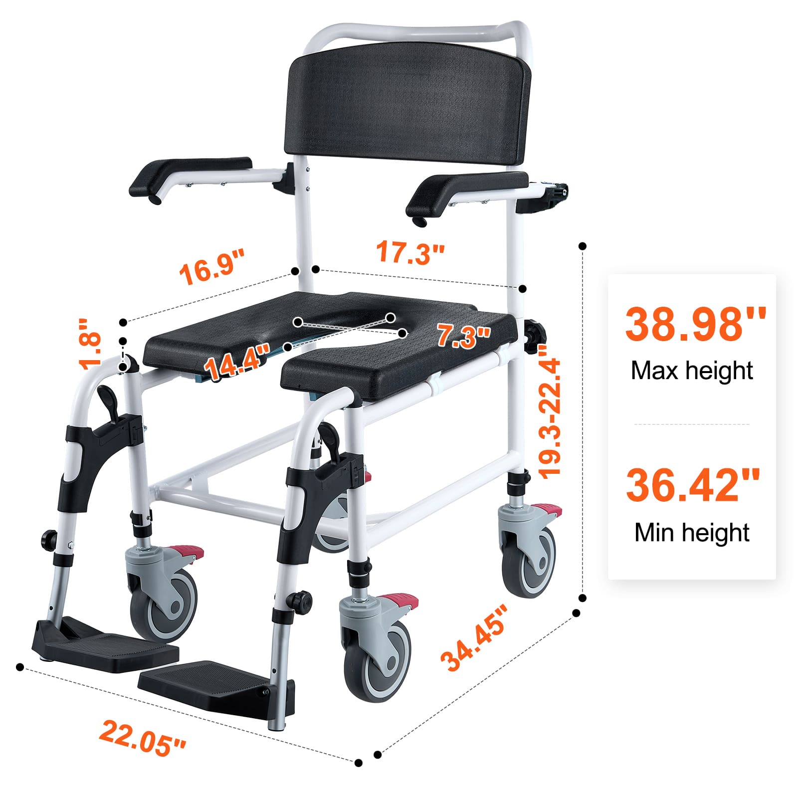 4-in-1 Shower Commode Wheelchair with Wheels & Adjustable Height