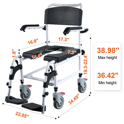 4-in-1 Shower Commode Wheelchair with Wheels & Adjustable Height