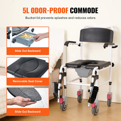 4-in-1 Shower Commode Wheelchair with Wheels & Adjustable Height