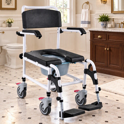 4-in-1 Shower Commode Wheelchair with Wheels & Adjustable Height