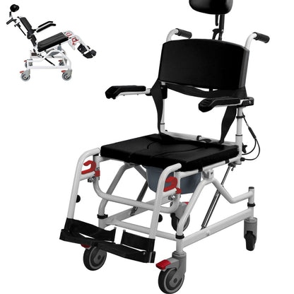 Reclining shower wheelchair with commode and 30-degree adjustable backrest