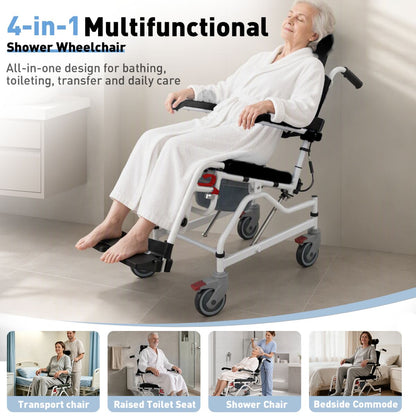 4-in-1 shower commode wheelchair for bathing, toileting, and mobility