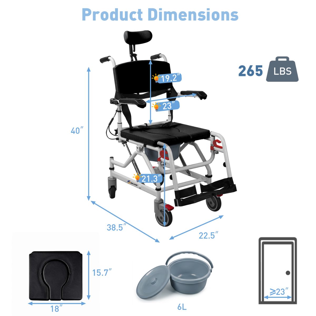 Shower wheelchair with wheels and 5-inch 360-degree swivel casters
