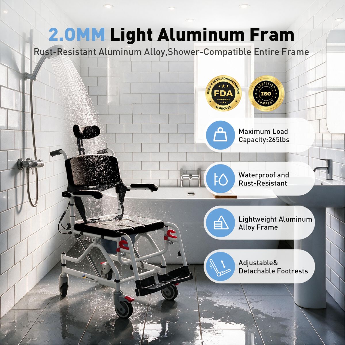 Reclining shower chair with adjustable headrest and padded backrest