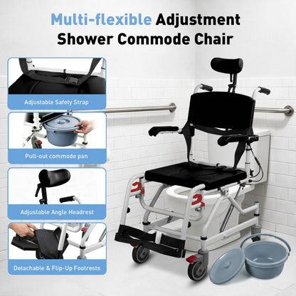 265 lb capacity reclining shower wheelchair with aluminum alloy frame