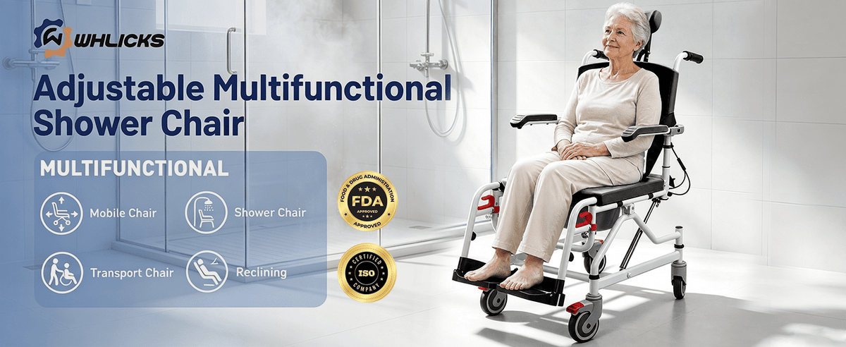 Reclining shower wheelchair with 30-degree adjustable backrest and headres