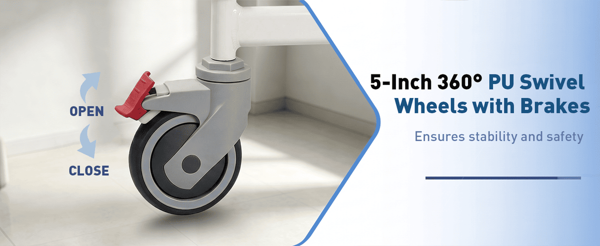 Shower wheelchair with wheels and 5-inch 360-degree swivel casters