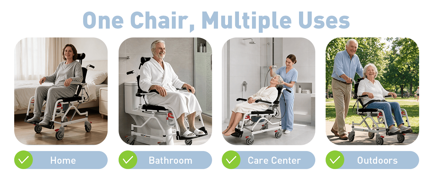 Rolling shower chair with pull-out commode bucket and open-bottom seat