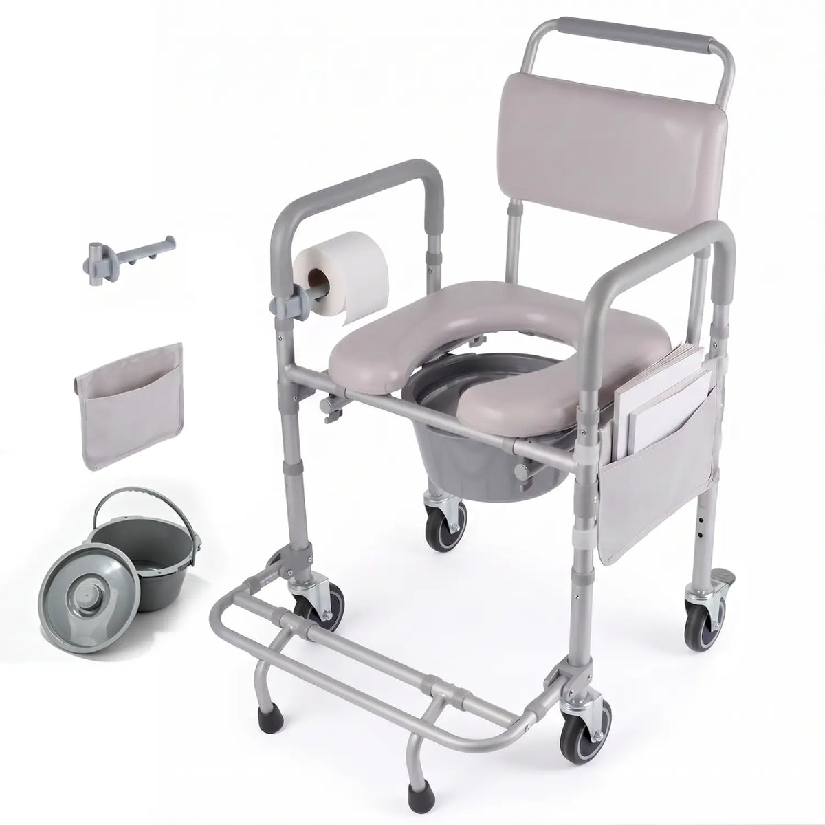 4-in-1 multifunctional commode wheelchair with padded seat