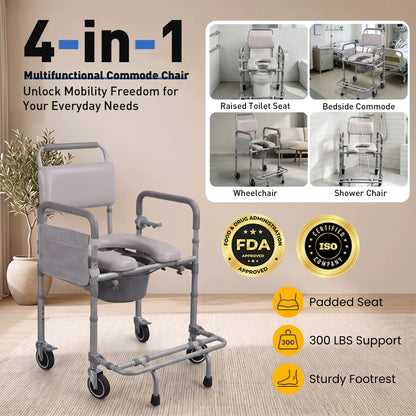 Premium 4-in-1 Shower Commode Chair with Wheels