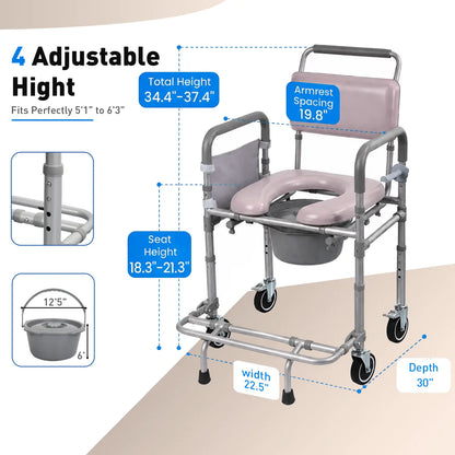 Premium 4-in-1 Shower Commode Chair with Wheels