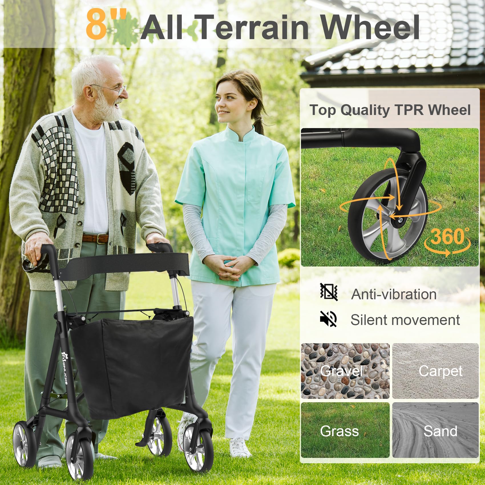 Heavy Duty Rollator Walker for Seniors, Lightweight 16 lbs, Foldable with Seat