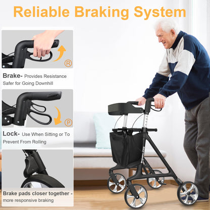 Heavy Duty Rollator Walker for Seniors, Lightweight 16 lbs, Foldable with Seat