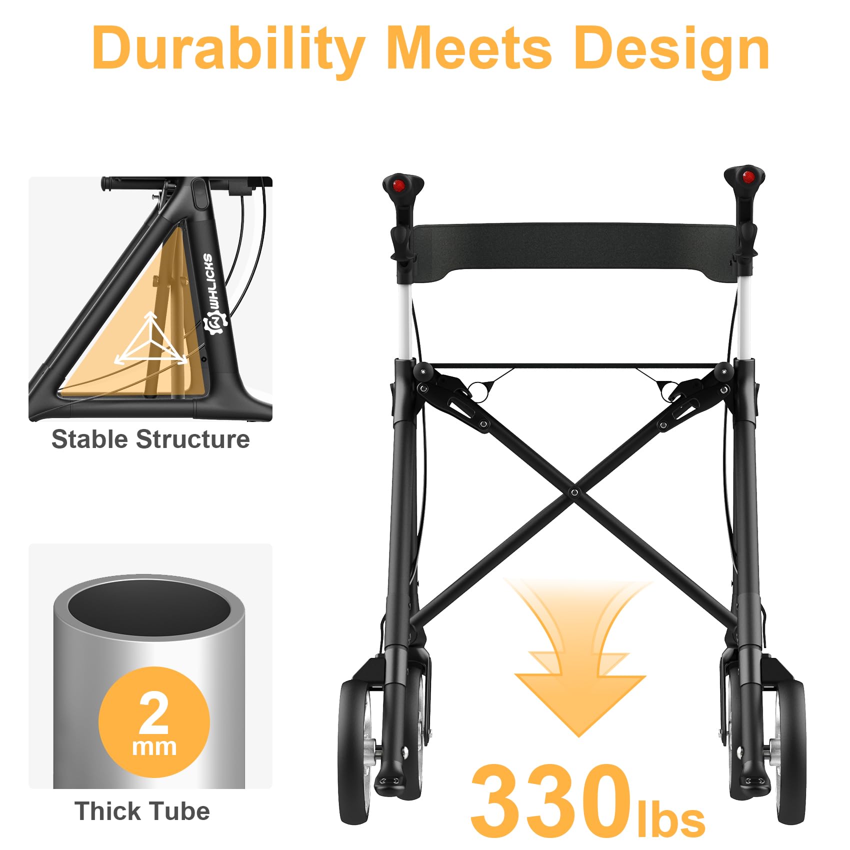 Heavy Duty Rollator Walker for Seniors, Lightweight 16 lbs, Foldable with Seat