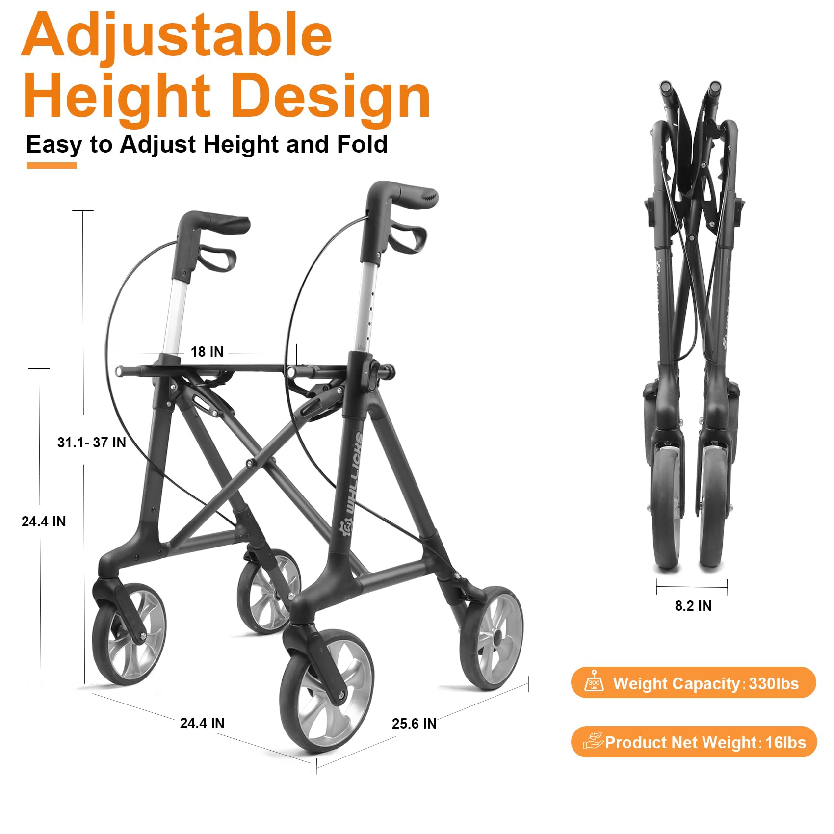 Heavy Duty Rollator Walker for Seniors, Lightweight 16 lbs, Foldable with Seat