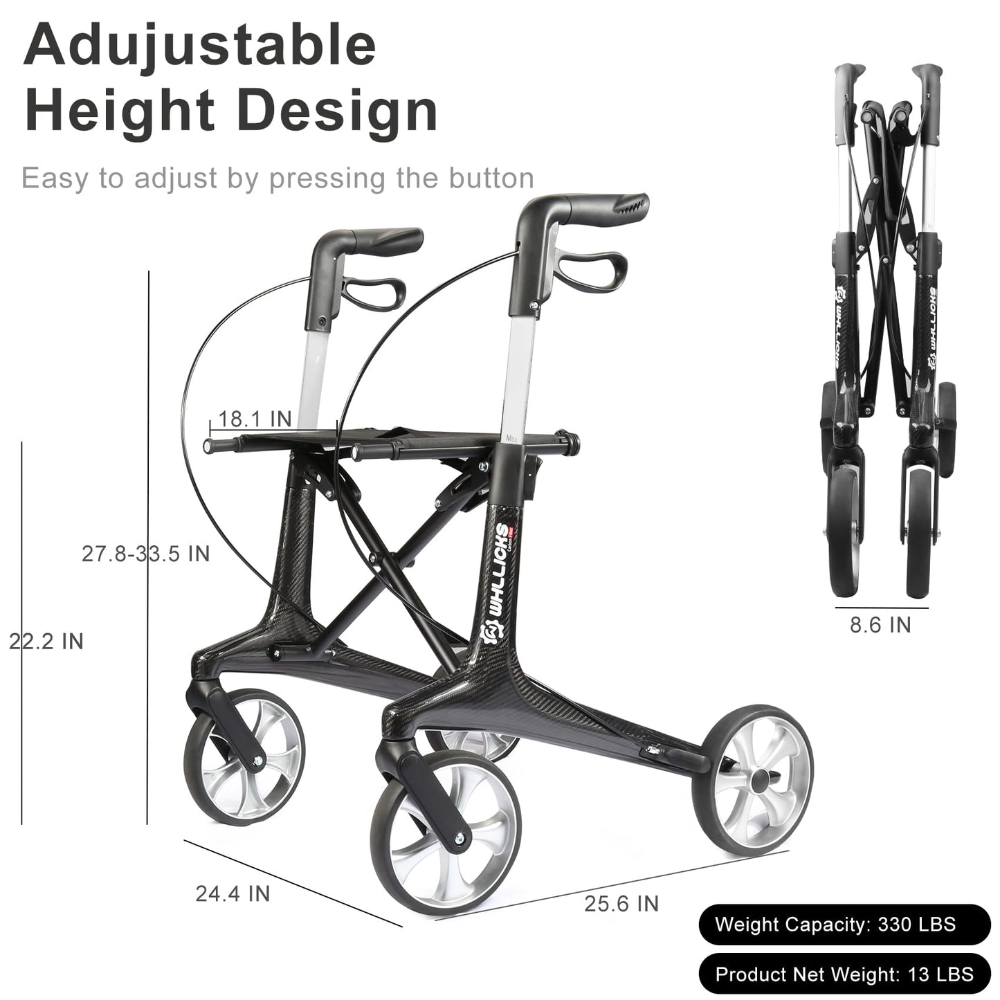 Carbon Walkers for Seniors,13lbs Lightweight Foldable Rollator