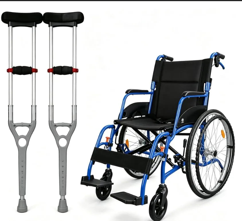 Lightweight Folding Wheelchair & Padded Underarm Crutches Bundle