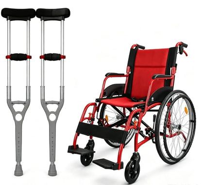 Red Folding Manual Wheelchair & Padded Underarm Crutches Bundle