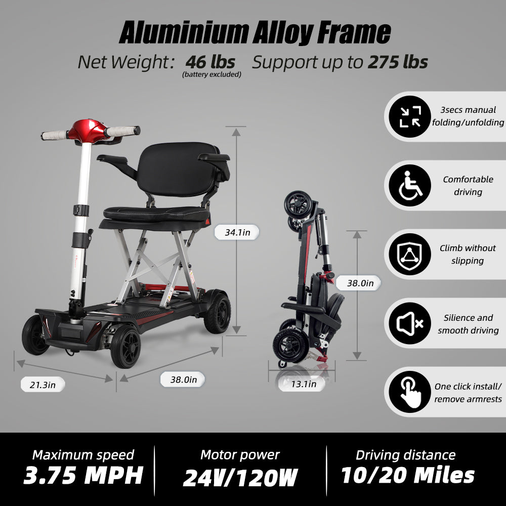 Mobifree Manual Folding Mobility Scooter for Seniors Portable Travel Mobility Scooter Easy Transport