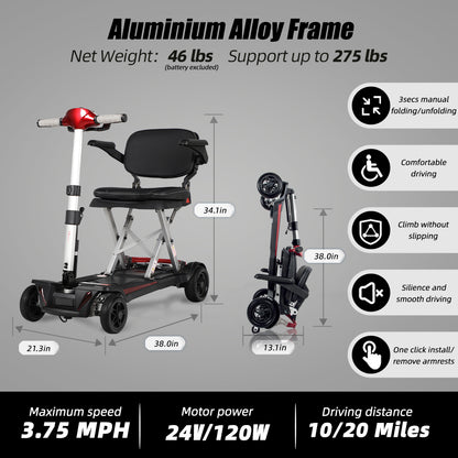 Mobifree Manual Folding Mobility Scooter for Seniors Portable Travel Mobility Scooter Easy Transport