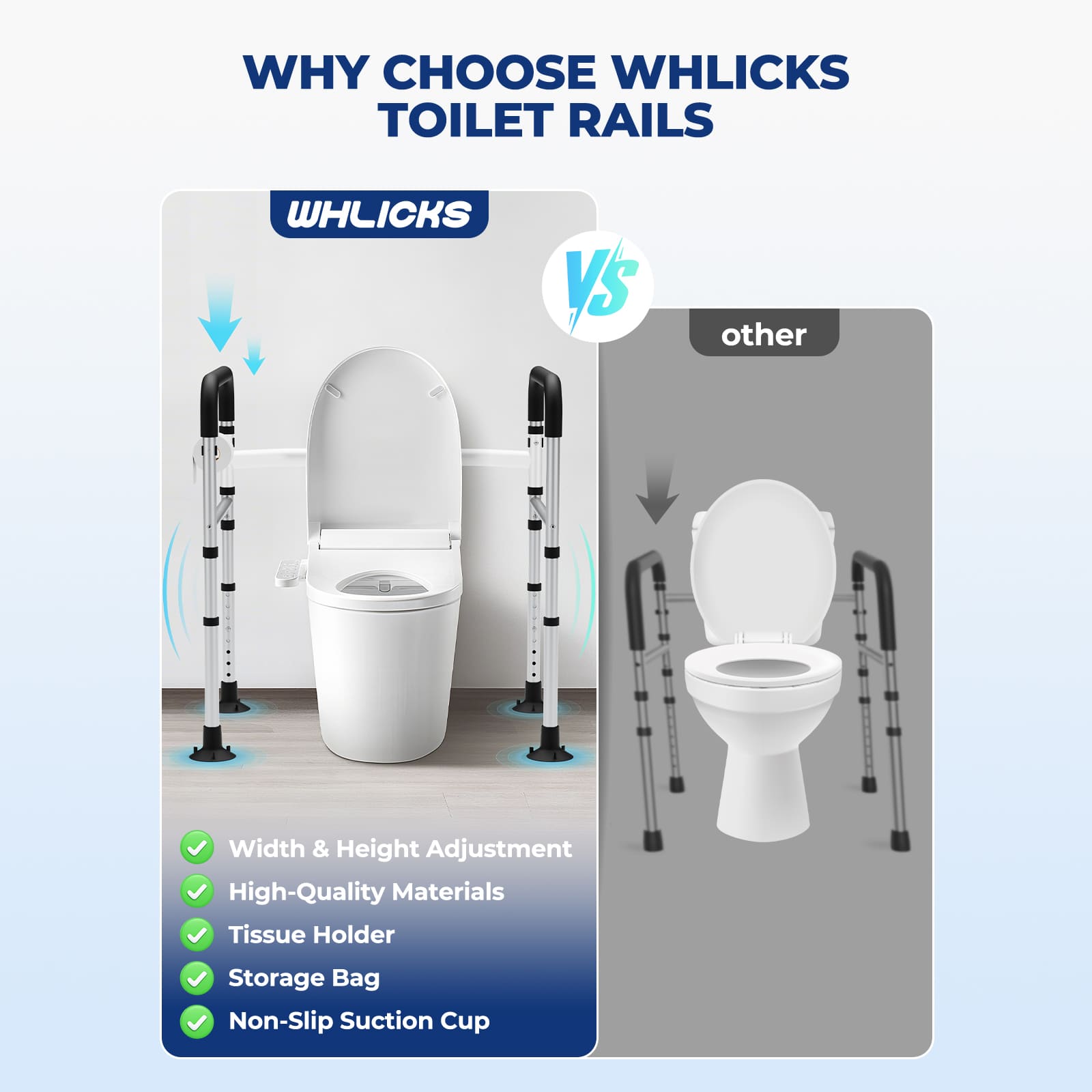 WHLICKS Toilet Safety Rails for Seniors – Adjustable, Foldable, Supports 350 lbs