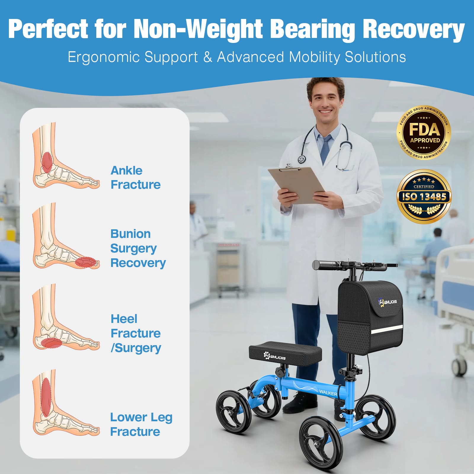 WHLICKS Foldable Knee Scooter for Foot Surgery & Ankle Injury Recovery – Steerable Crutch Alternative with Basket