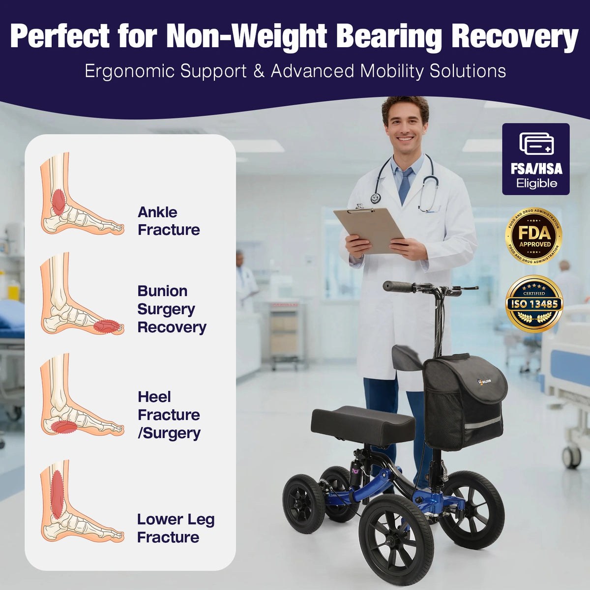 All Terrain Knee Scooter for Foot Injuries, 15" Big Knee Pad