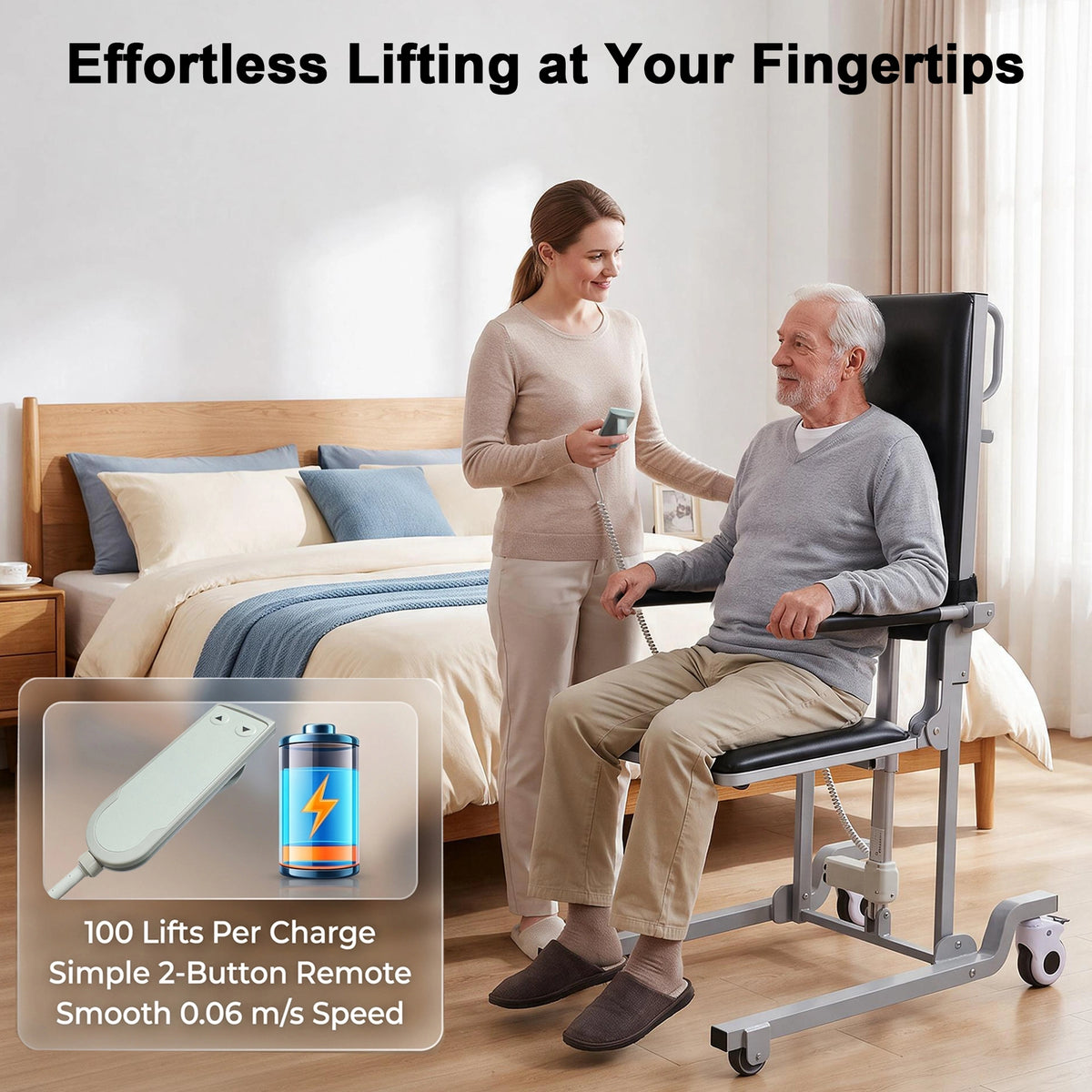 A man seated in a WHLICKS black electric floor lift chair beside a bed while a companion holds the wired remote.