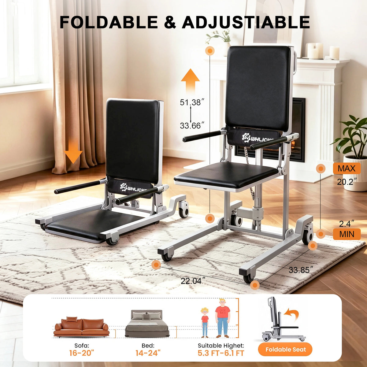WHLICKS black electric floor lift chair showing adjustable seat heights, overall dimensions, and a folding seat.