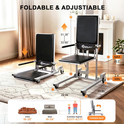 WHLICKS black electric floor lift chair showing adjustable seat heights, overall dimensions, and a folding seat.