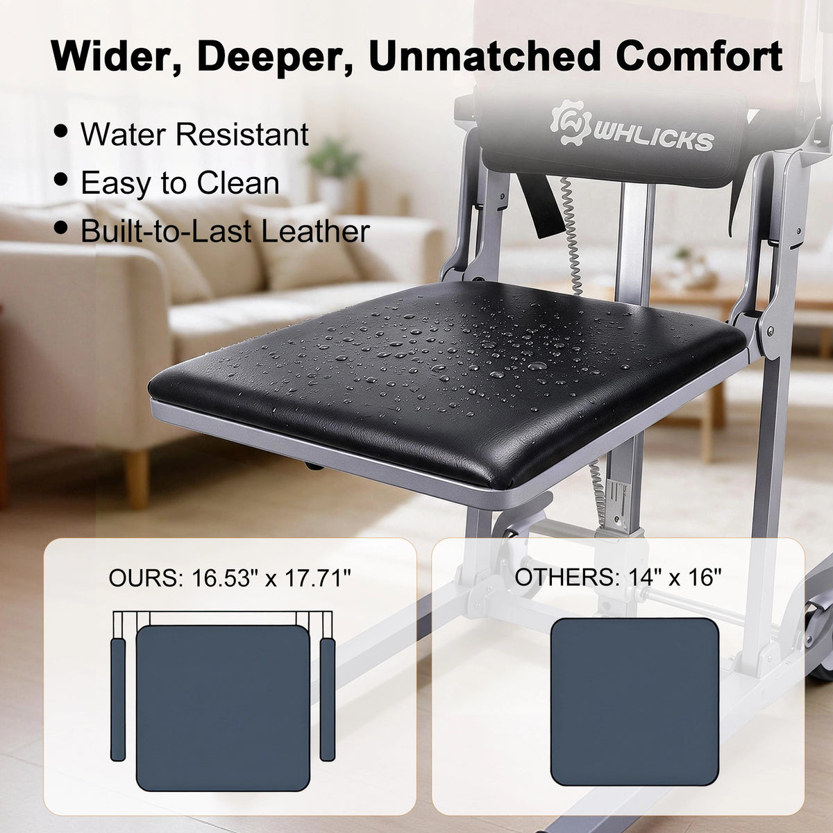 WHLICKS black electric floor lift chair with a water-resistant padded seat, shown close up with a seat size comparison.