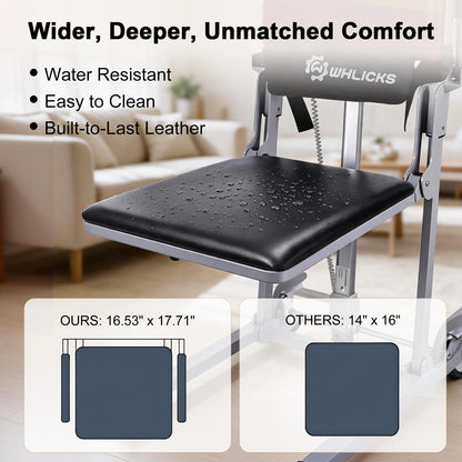 WHLICKS black electric floor lift chair with a water-resistant padded seat, shown close up with a seat size comparison.