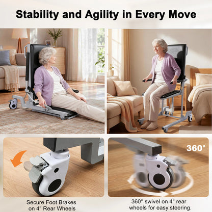 WHLICKS black electric floor lift chair in low and raised positions, with close-ups of swivel casters and foot brakes.
