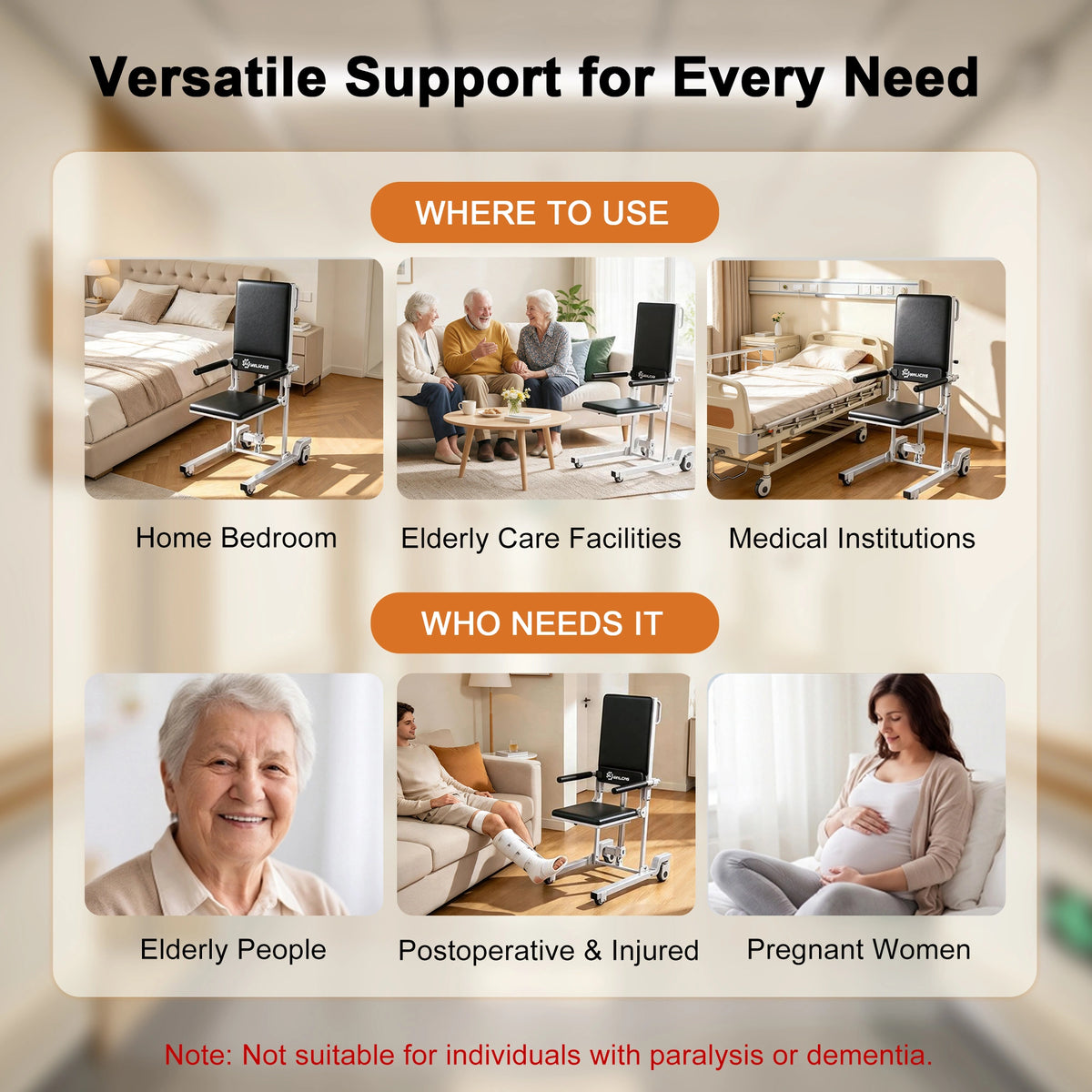WHLICKS black electric floor lift chair infographic showing bedroom and care settings alongside adults with support needs.
