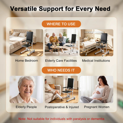 WHLICKS black electric floor lift chair infographic showing bedroom and care settings alongside adults with support needs.