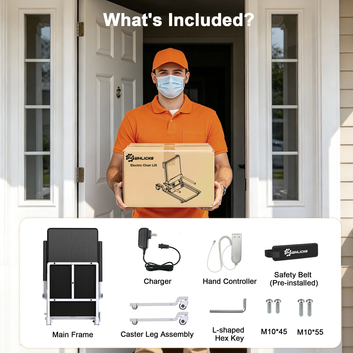 WHLICKS black electric floor lift chair package contents, including the main frame, charger, hand control, belt, and hardware.