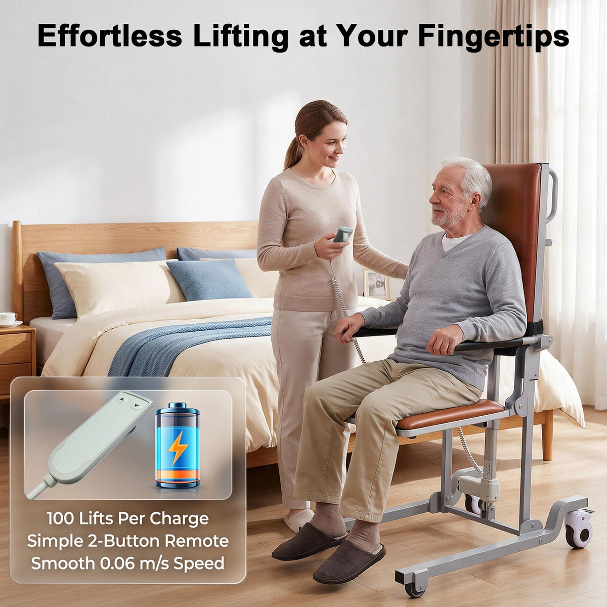 A man seated in a WHLICKS brown electric floor lift chair beside a bed while a companion holds the wired remote.