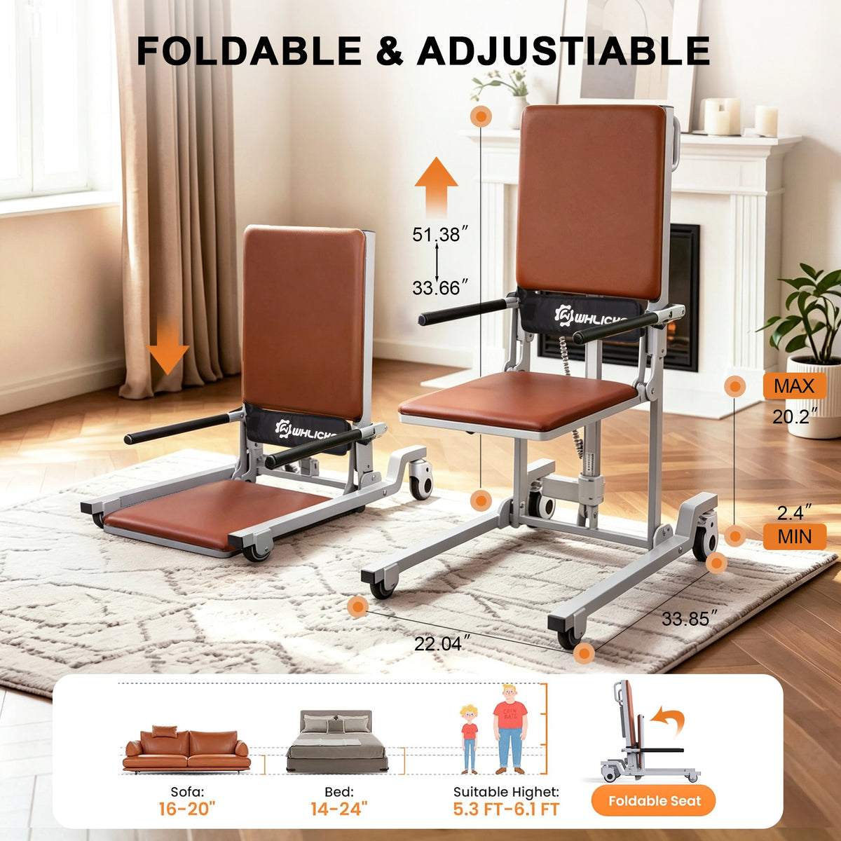 WHLICKS brown electric floor lift chair showing adjustable seat heights, overall dimensions, and a folding seat.