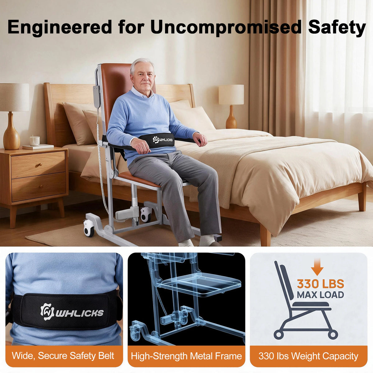 WHLICKS brown electric floor lift chair showing a seated user, a wide safety belt, a metal frame, and 330 lb capacity.
