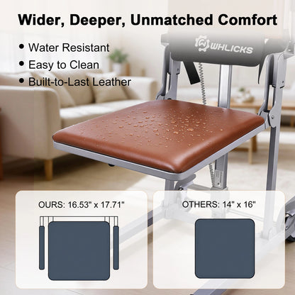 WHLICKS brown electric floor lift chair with a water-resistant padded seat, shown close up with a seat size comparison.