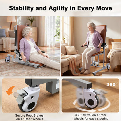 WHLICKS brown electric floor lift chair in low and raised positions, with close-ups of swivel casters and foot brakes.