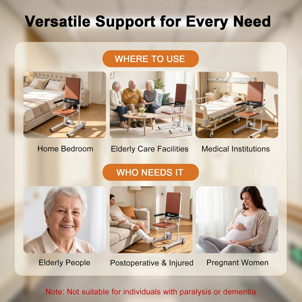WHLICKS brown electric floor lift chair infographic showing bedroom and care settings alongside adults with support needs.