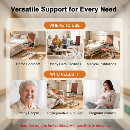 WHLICKS brown electric floor lift chair infographic showing bedroom and care settings alongside adults with support needs.