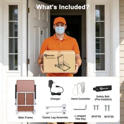 WHLICKS brown electric floor lift chair package contents, including the main frame, charger, hand control, belt, and hardware.